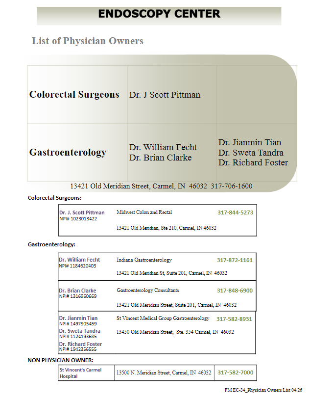 Endoscopy Center - List of Physician Owners - Carmel Indiana 2026